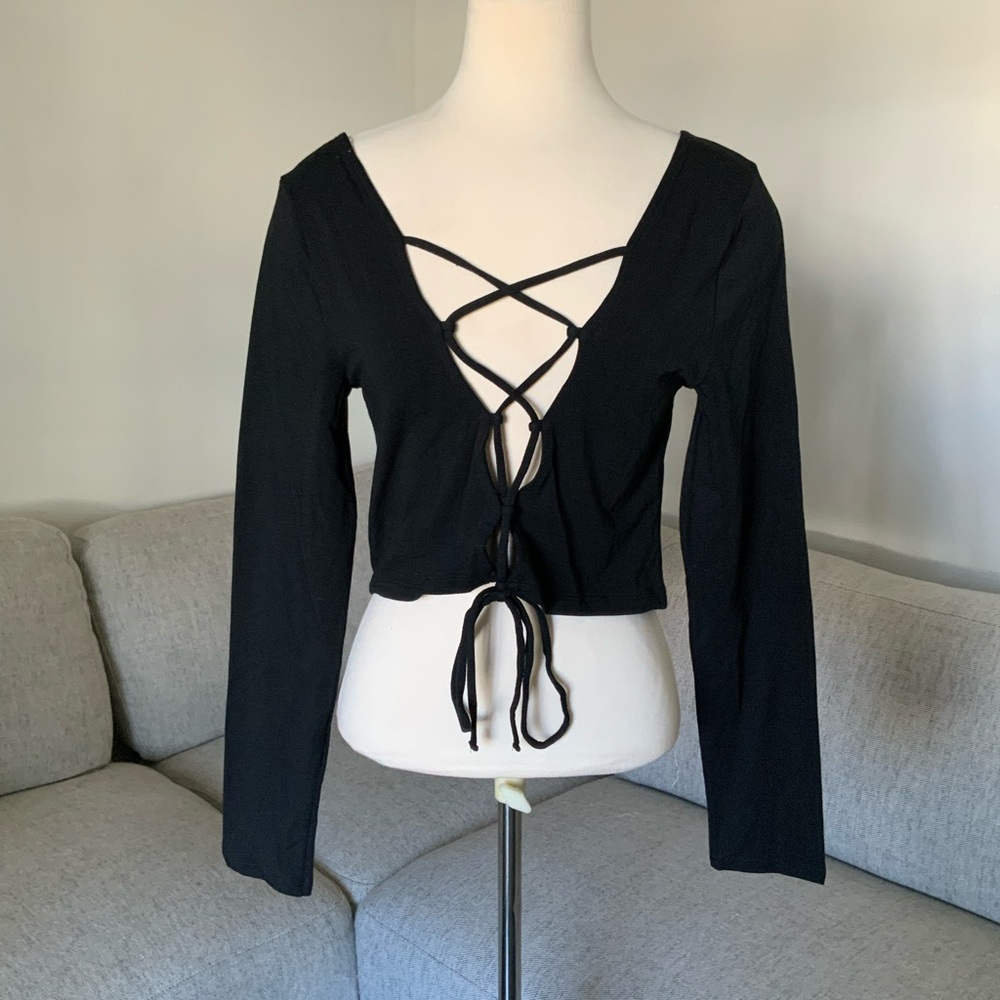 Aeropostale Black Front Crisscross Lace Blouse